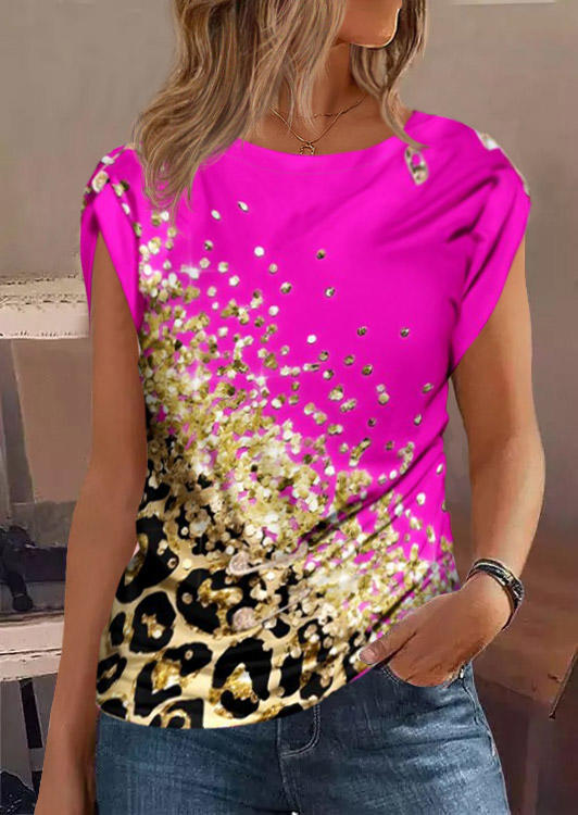 

Leopard Glitter Ruffled Decorative Pin O-Neck Blouse, Multicolor, SCM018968