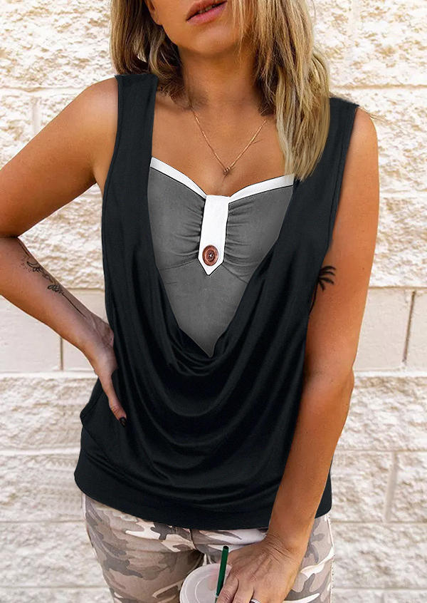 

Button Draped Fake Two-Piece Tank - Black, SCM018260