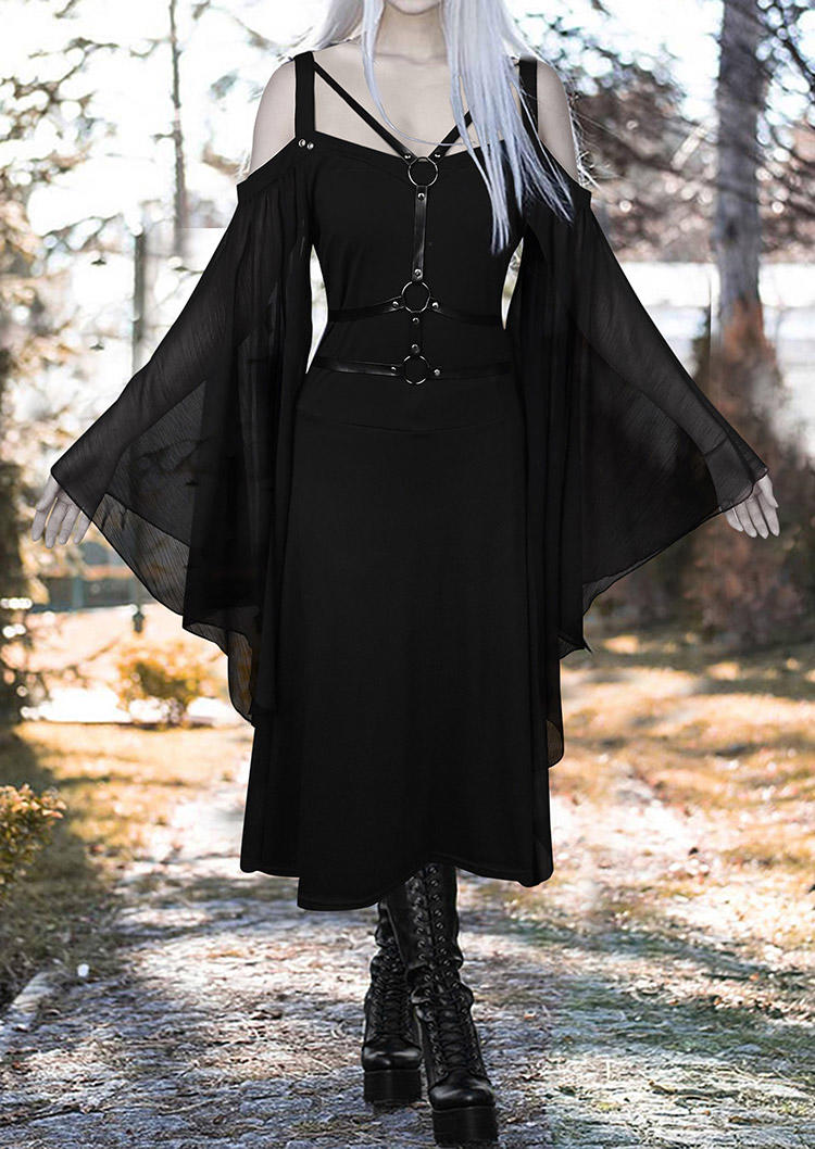 

Halloween Cold Shoulder High Low Hem Maxi Dress - Black, SCM018395