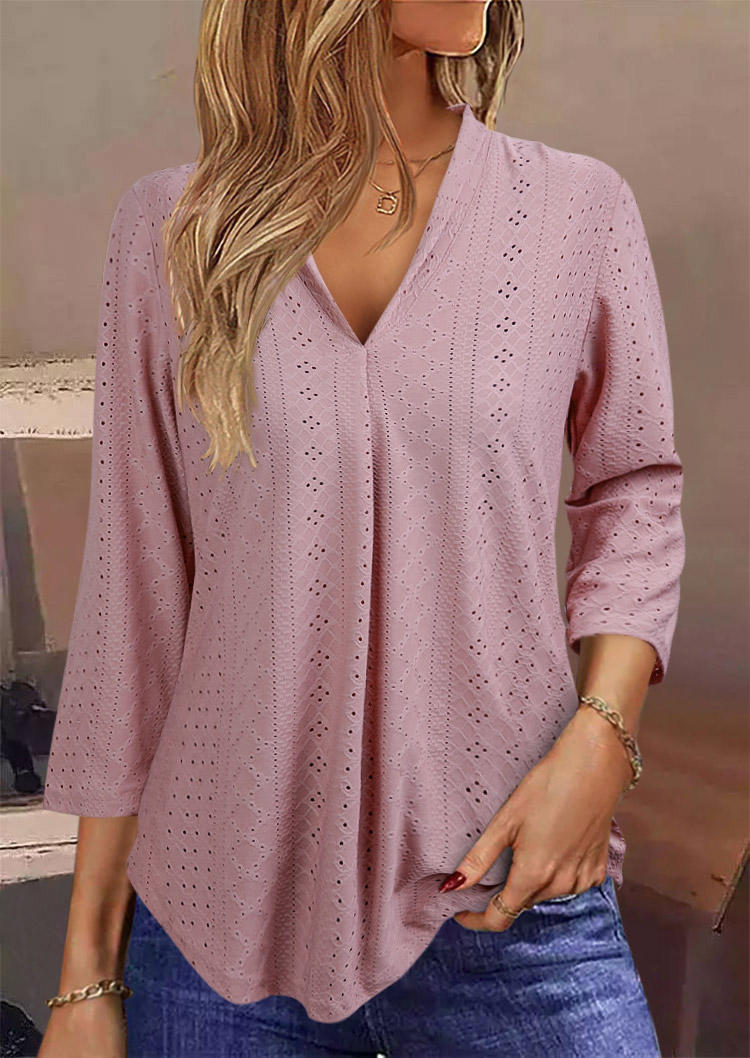 

Hollow Out Three Quarter V-Neck Blouse - Pink, SCM018411