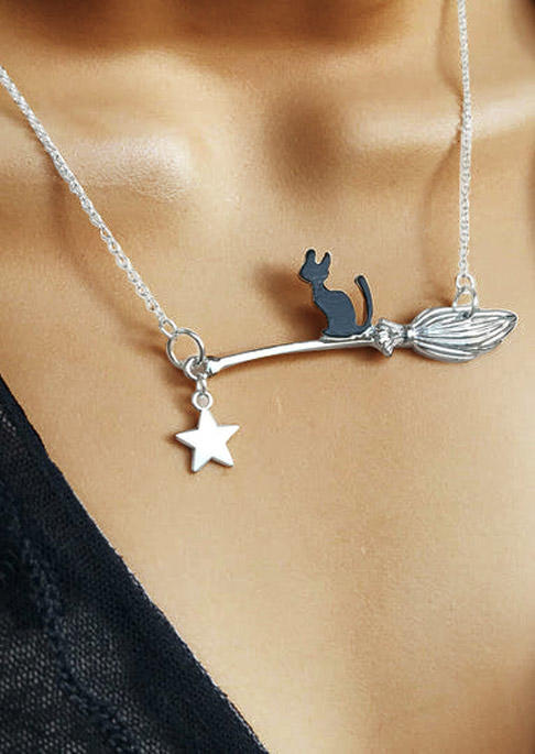 

Halloween Black Cat Broomstick Star Pendant Necklace, Silver, SCM018602