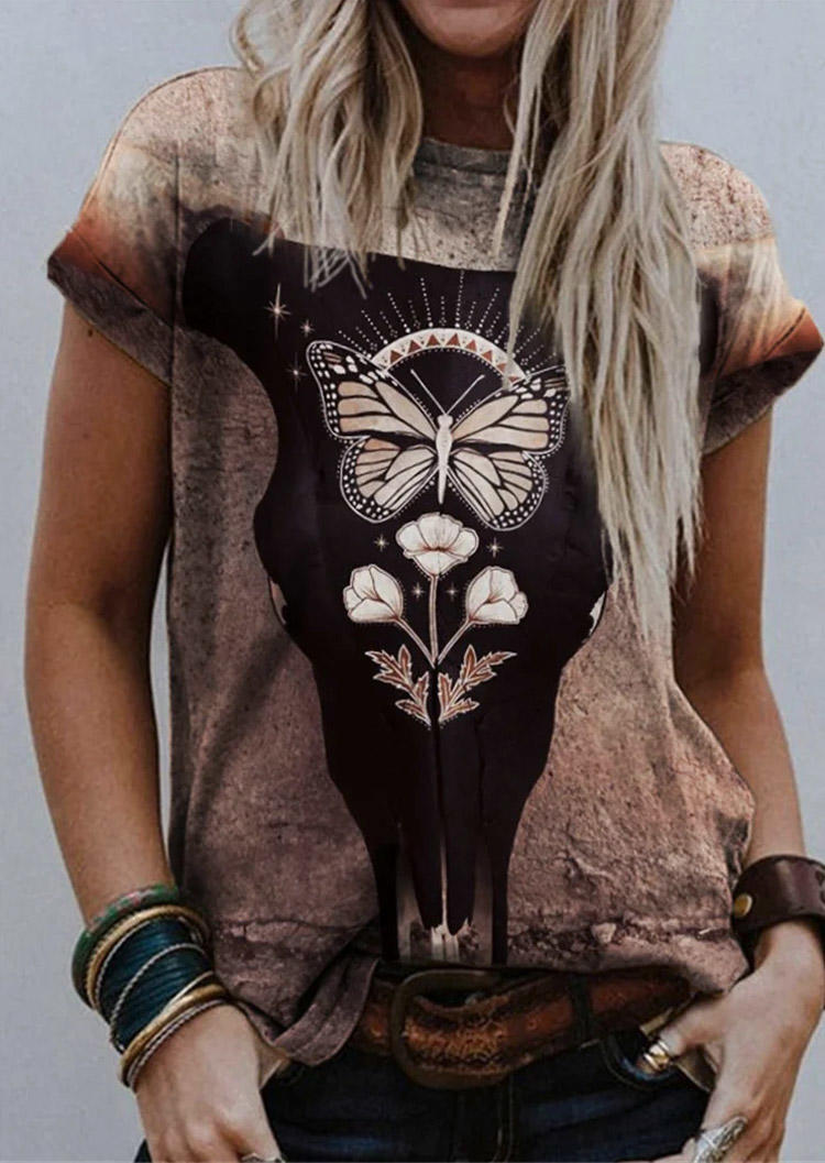 

Steer Skull Butterfly O-Neck T-Shirt Tee, Multicolor, SCM018635
