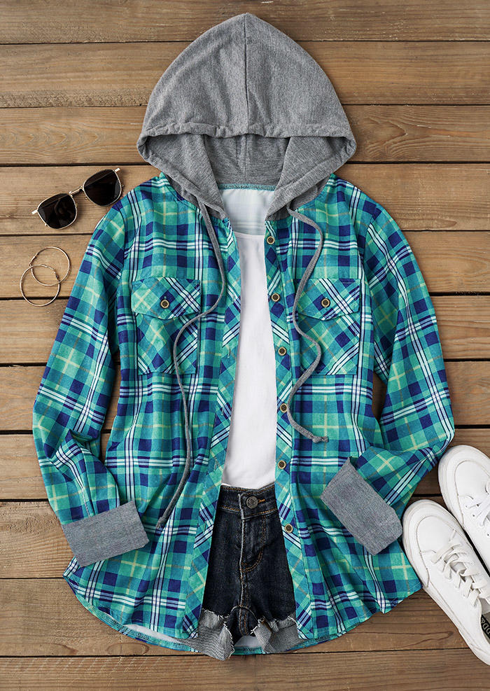 Plaid Pocket Fake Two-Piece Hooded Shirt - Green