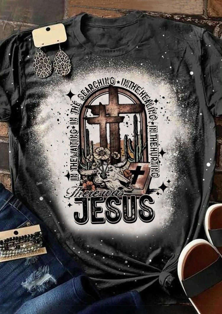 

Jesus Cross Cactus Steer Skull Bleached T-Shirt Tee, Multicolor, SCM018683