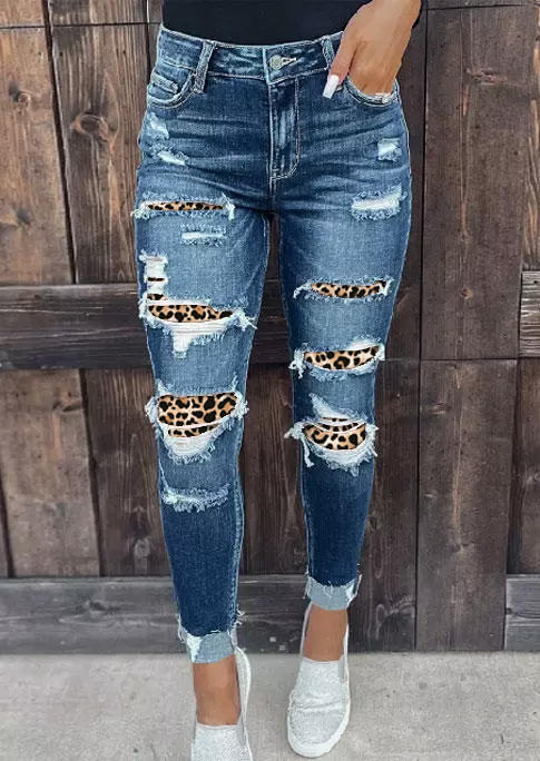 

Leopard Ripped Button Pocket Skinny Jeans - Blue, SCM018751