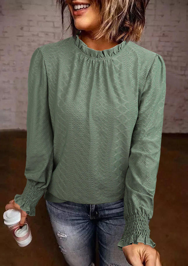 

Jacquard Smocked Ruffled Long Sleeve Blouse - Green, SCM018753