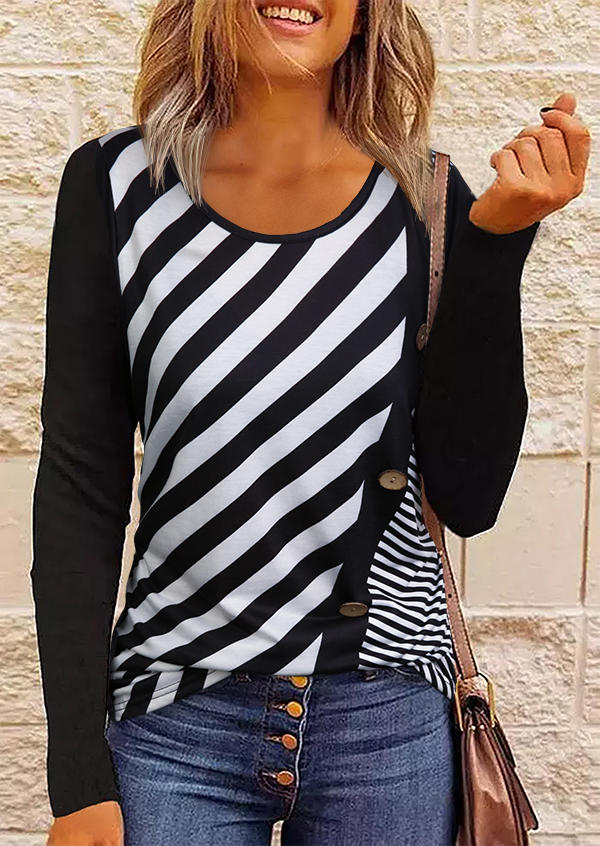 

Striped Button Long Sleeve O-Neck Blouse, Multicolor, SCM018764
