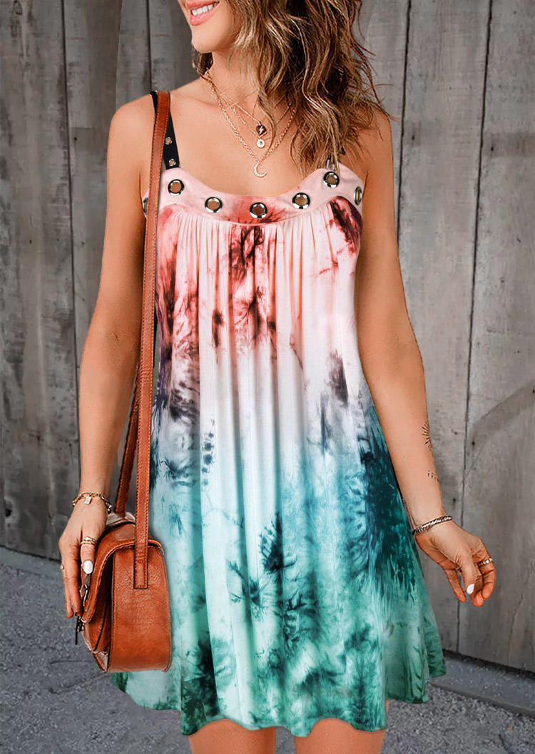 

Tie Dye Eyelet Ruffled Open Back Mini Dress, Multicolor, SCM018292