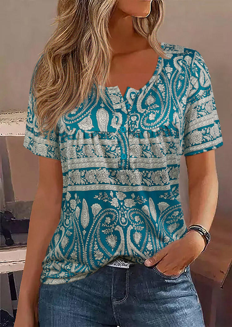 

Paisley Button Ruffled O-Neck Blouse, Multicolor, SCM018716