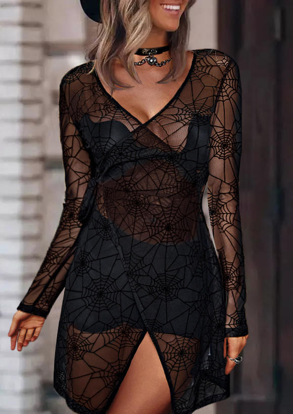 

Halloween Spider Web Slit See-through Mini Dress - Black, SCM019001