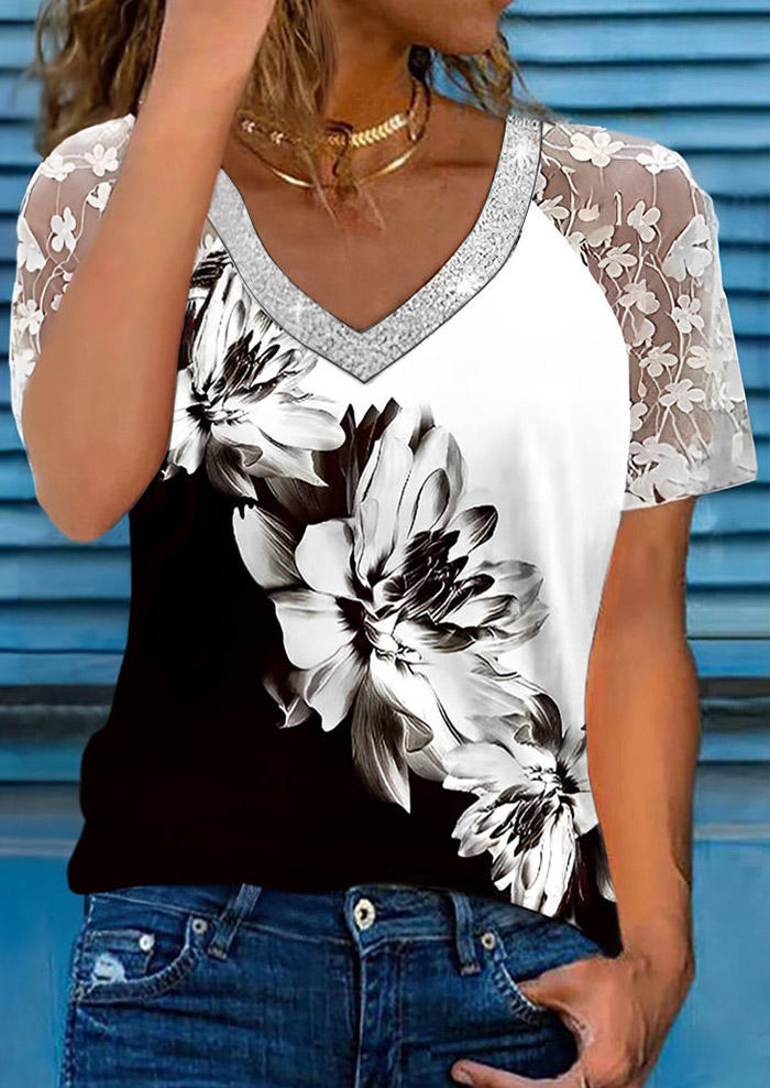 

Glitter Floral Lace Raglan Sleeve Blouse - White, SCM018625