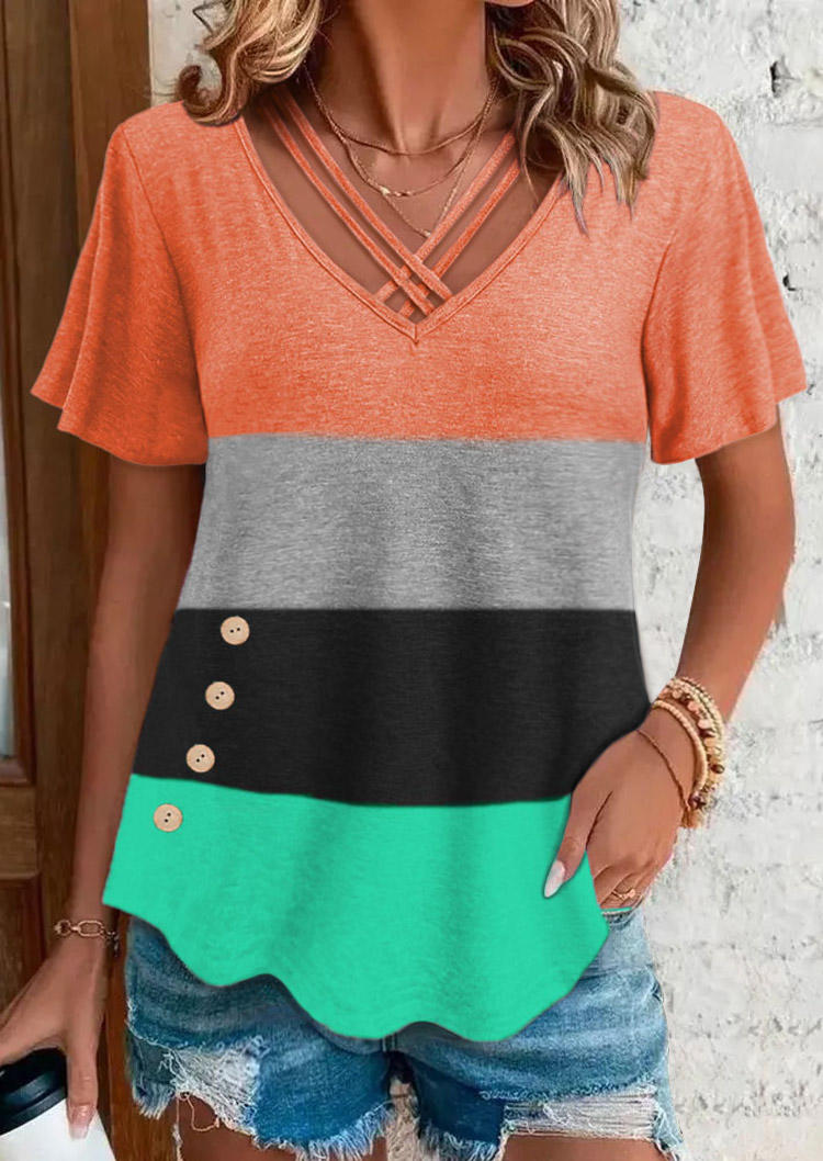 

Color Block Criss-Cross Button Blouse, Multicolor, SCM018629