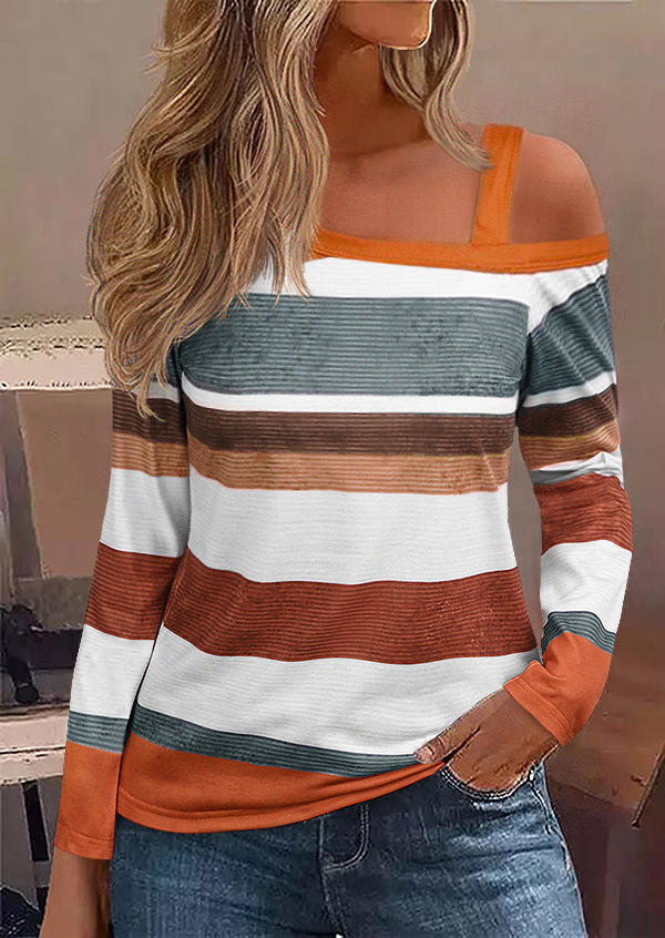 

Autumn Color-Blocked One Sided Cold Shoulder Blouse, Multicolor, SCM018681