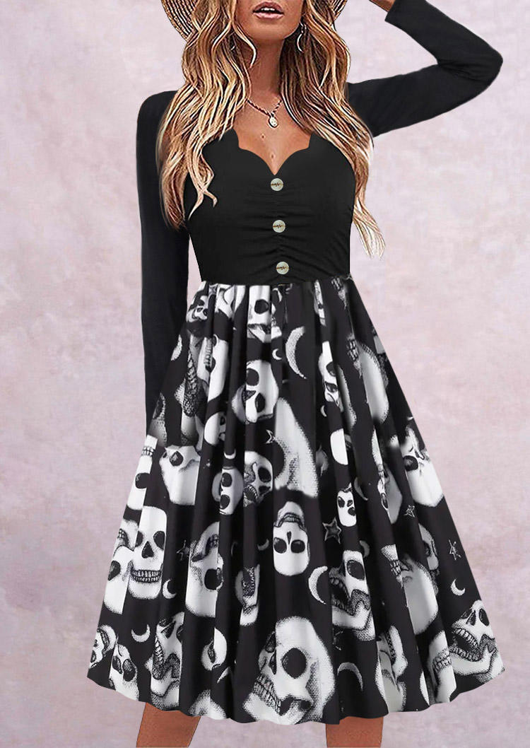 

Halloween Skull Button Long Sleeve Midi Dress - Black, SCM018790