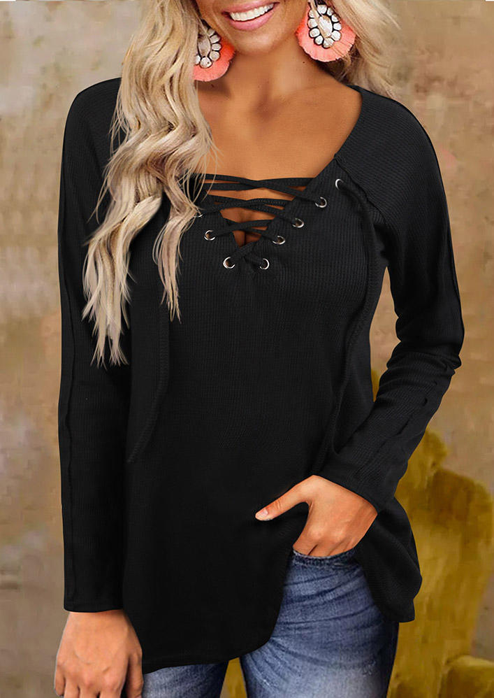 

Lace Up Raglan Long Sleeve Blouse - Black, SCM018821