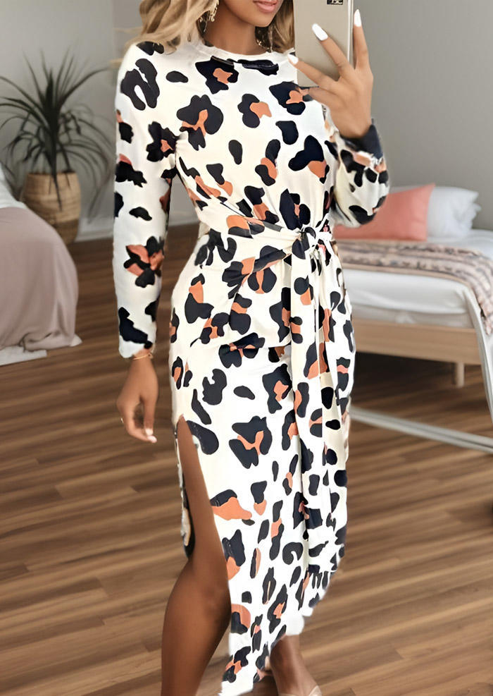 

Leopard Slit Tie Long Sleeve Maxi Dress, Multicolor, SCM018938