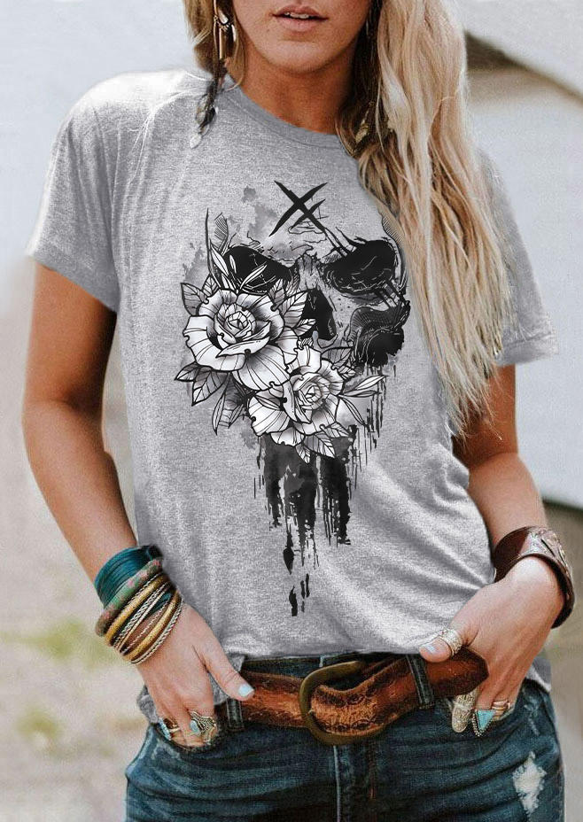 

Halloween Floral Skull O-Neck T-Shirt Tee - Gray, SCM019015