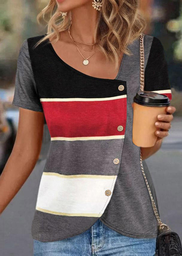 

Color Block Striped Slit Irregular Collar Blouse, Multicolor, SCM018500