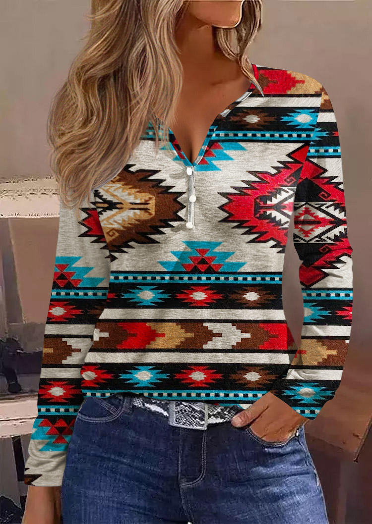 

Aztec Geometric Button Long Sleeve Blouse, Multicolor, SCM018745