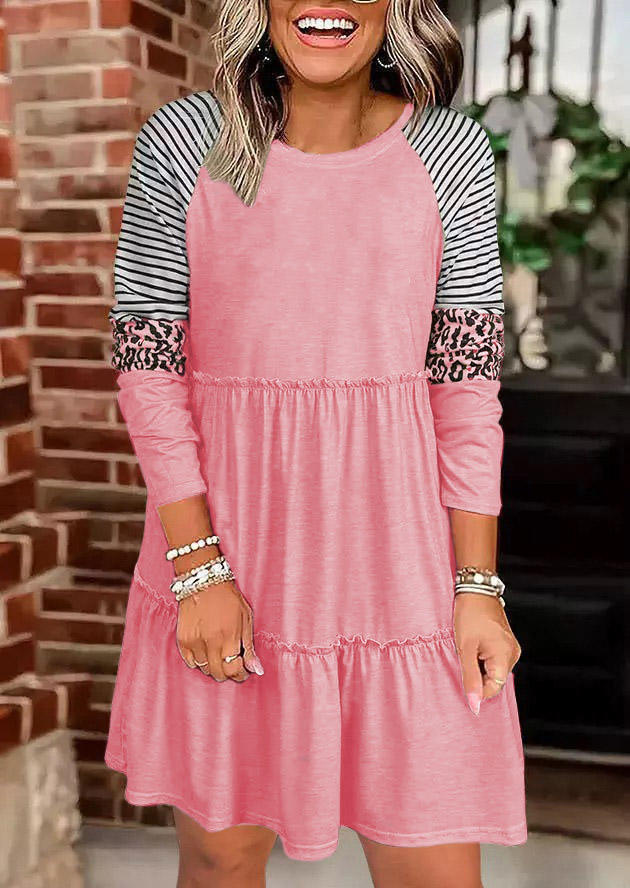 

Striped Leopard Long Sleeve Mini Dress - Pink, SCM018916
