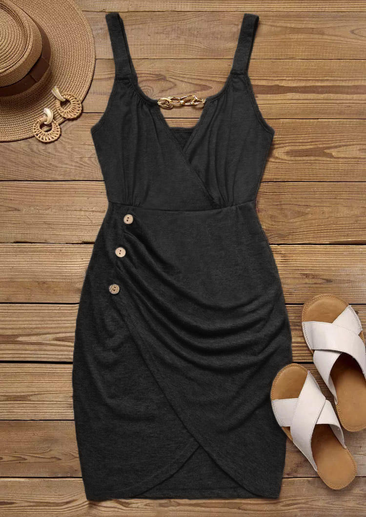 Ruched Button Chains Wrap Empire Mini Dress - 	Black