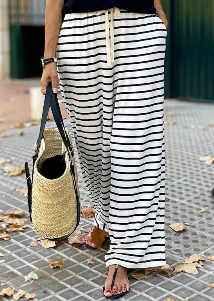 

Striped Drawstring Wide Leg Pants - White, SCM019029