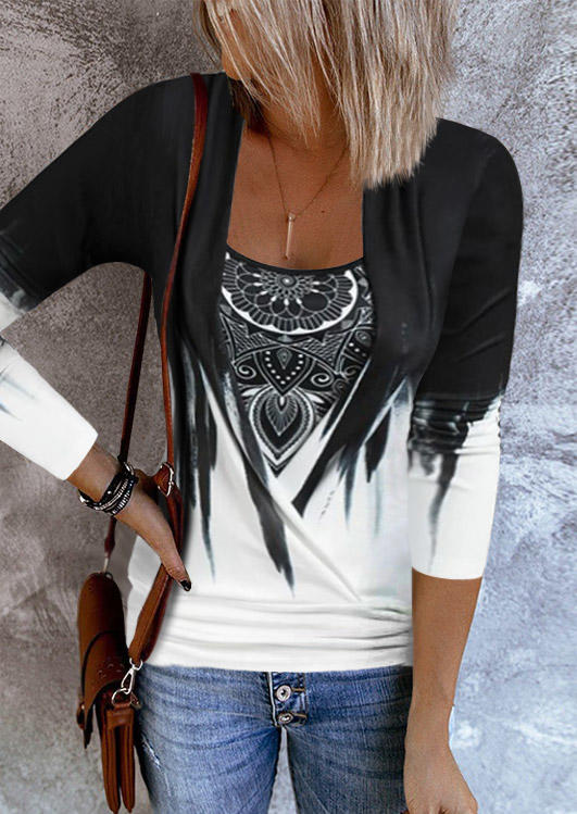 

Ethnic Gradient Fake Two-Piece Blouse - Black, SCM019059