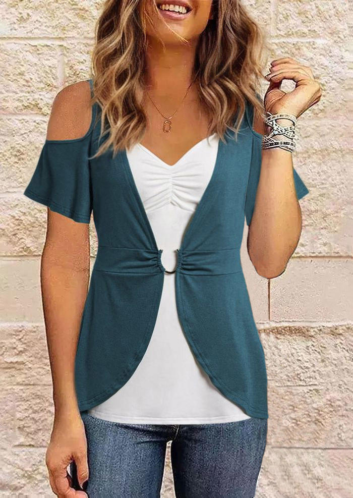 

Ruched Cold Shoulder Fake Two-Piece Blouse - Blue, SCM018279