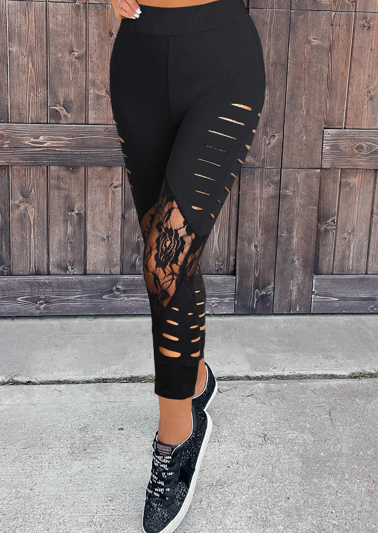 

Cut Out Lace Splicing Skinny Cropped Leggings - Black, SCM018378