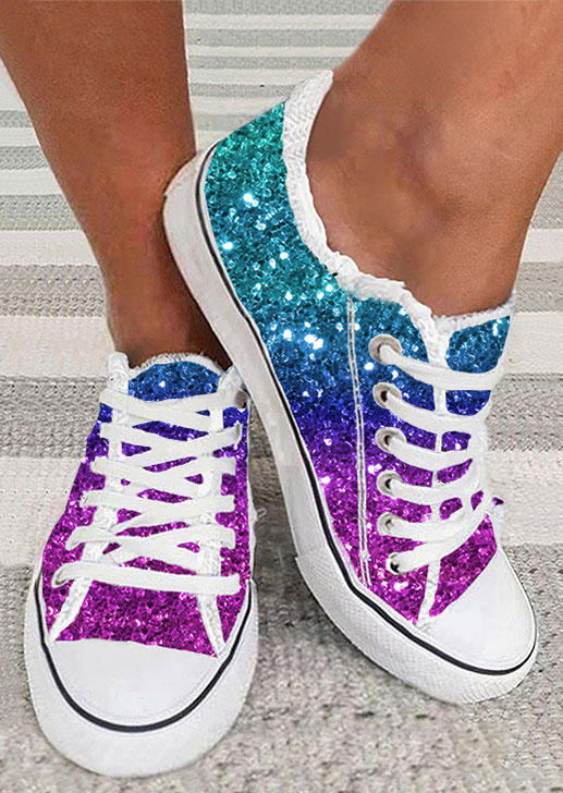 

Gradient Glitter Frayed Lace Up Flat Sneakers, Multicolor, SCM018711