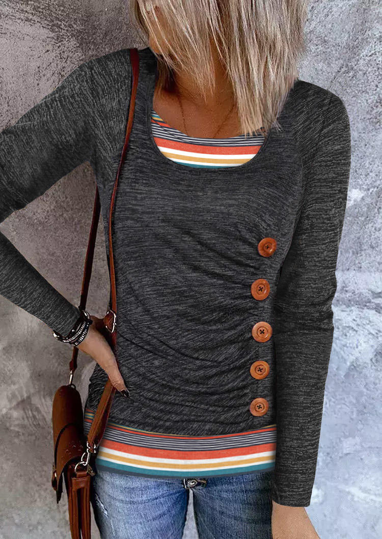 

Striped Button Ruched Fake Two-Piece Blouse - Gray, SCM018762