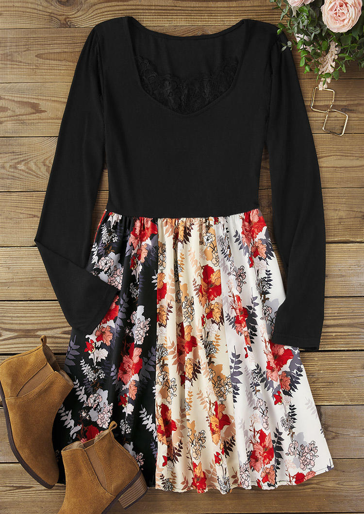 Color Block Floral Lace Long Sleeve Mini Dress - Black