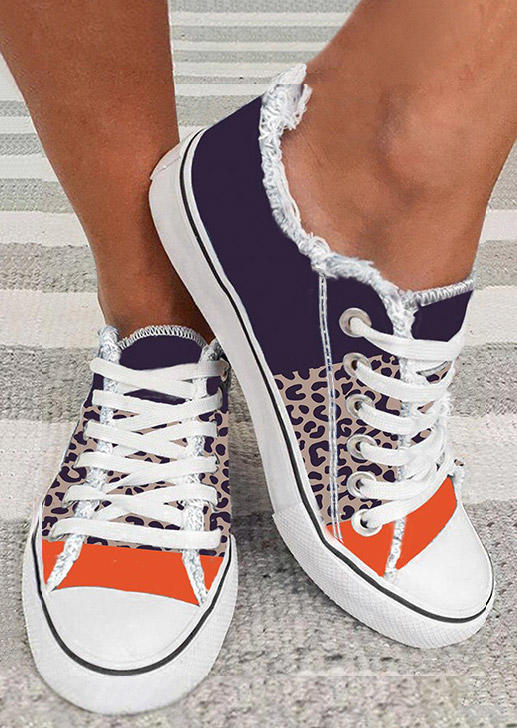 

Leopard Color Block Frayed Lace Up Flat Sneakers, Multicolor, SCM018930