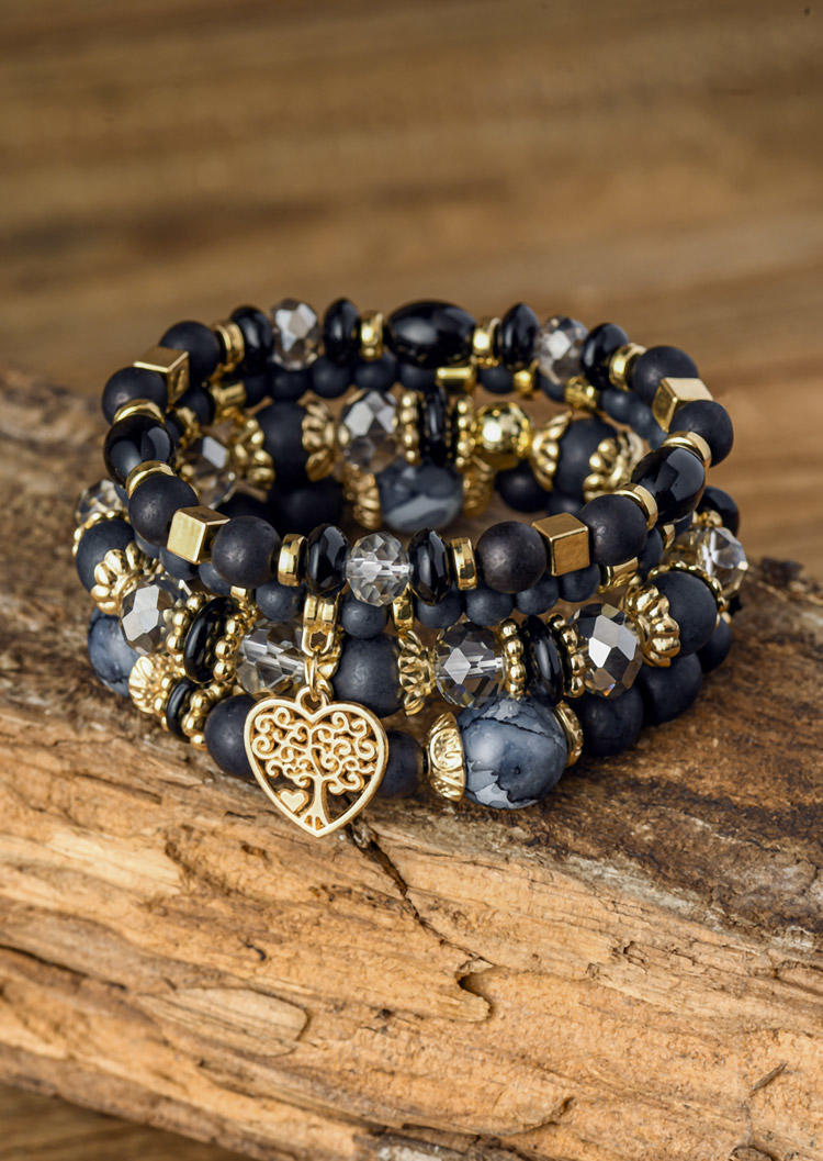 

Tree Of Life Hollow Out Heart Beading Bracelet, Black, SCM018987