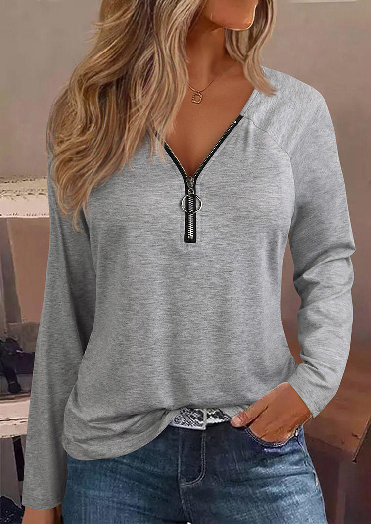 Zipper Long Sleeve V-Neck Blouse - Gray