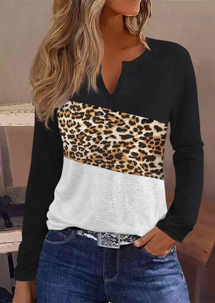 Color Block Leopard Long Sleeve Blouse