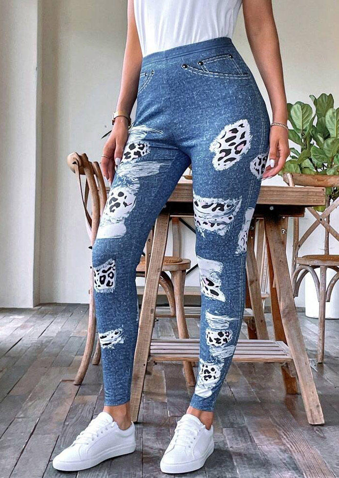 

Leopard Fake Pocket Elastic Waist Skinny Leggings - Blue, SCM018719