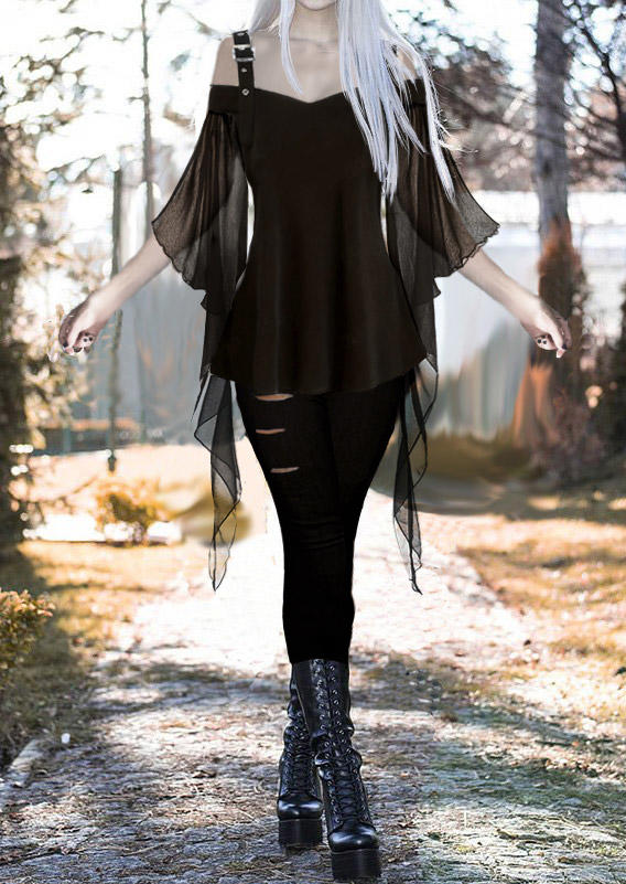 

Eyelet Cold Shoulder Batwing Sleeve Blouse - Black, SCM018756