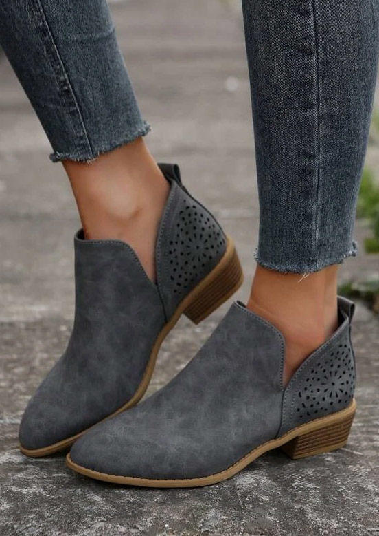

Perforated Western Chunky Ankle Boots - Gray, SCM018802
