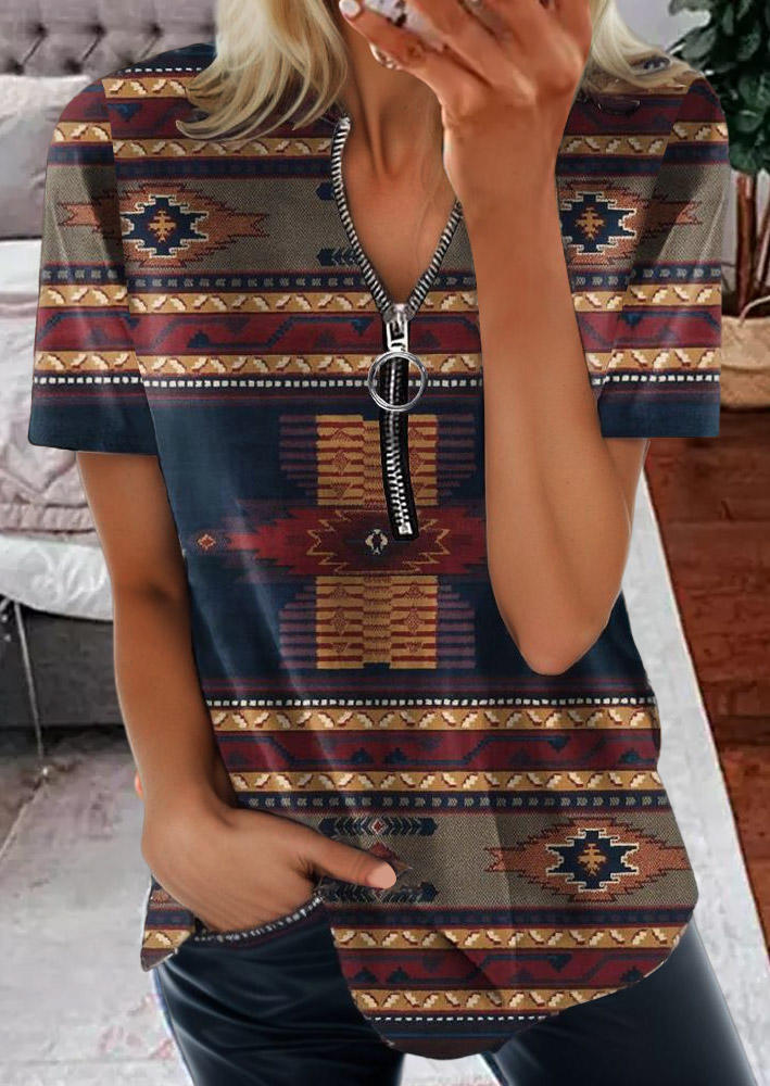 

Aztec Geometric Zipper Collar Blouse, Multicolor, SCM018827