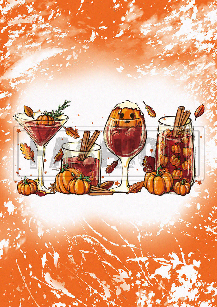 Halloween Pumpkin Wine Glass Bleached V-Neck T-Shirt Tee - Orange