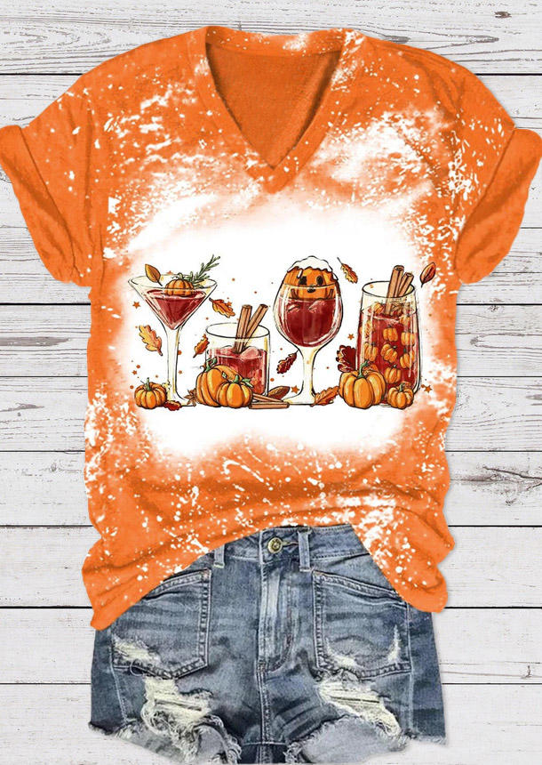 

Pumpkin Wine Glass Bleached V-Neck T-Shirt Tee - Orange, SCM018859