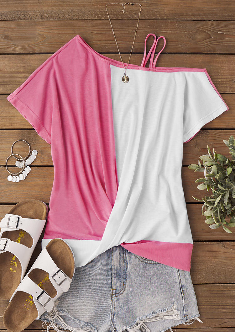 Color Block Twist One Sided Cold Shoulder Blouse - Pink