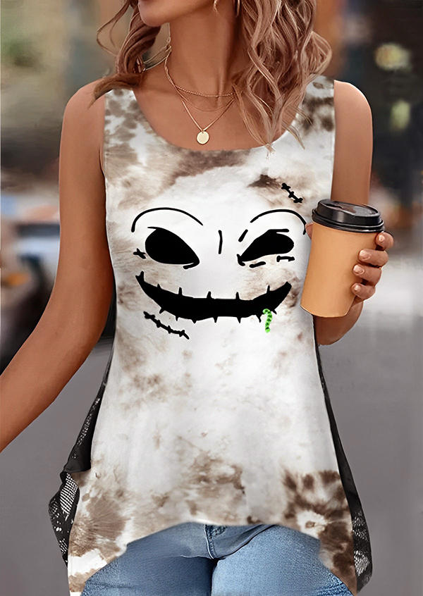 

Halloween Pumpkin Face Skull Lace Tank, Multicolor, SCM019013