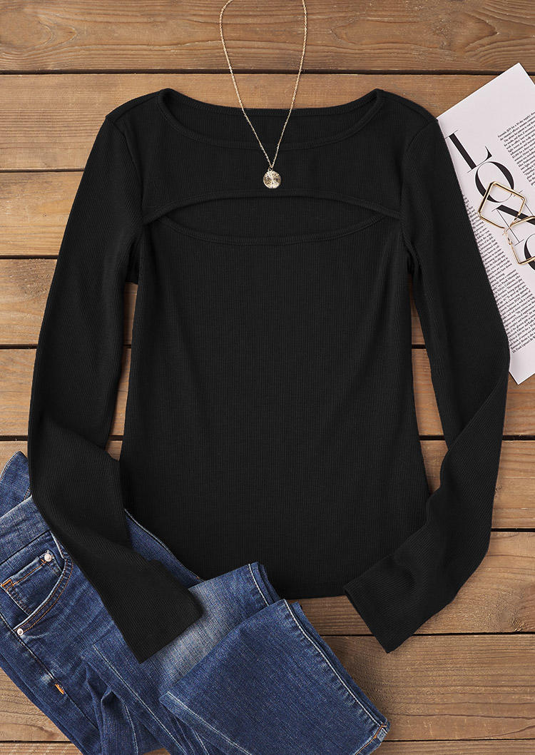 Hollow Out Skinny Long Sleeve Blouse - Black
