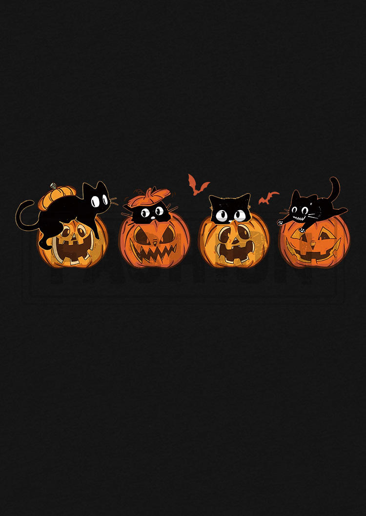 Halloween Pumpkin Face Cat T-Shirt Tee - Black