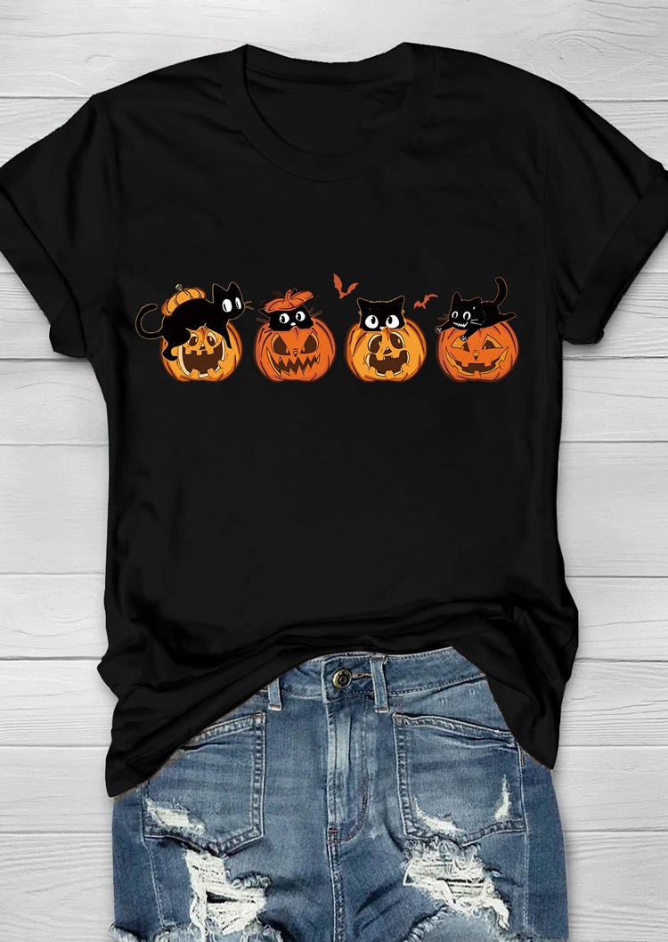

Halloween Pumpkin Face Cat T-Shirt Tee - Black, SCM019066