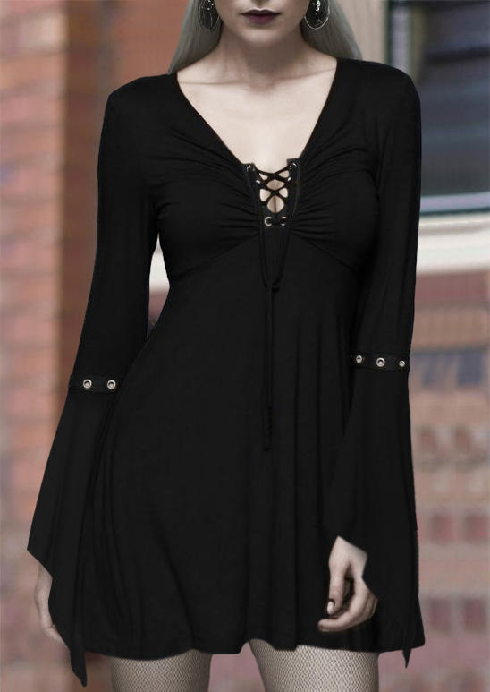 

Halloween Lace Up Eyelet Batwing Sleeve Mini Dress - Black, SCM019178