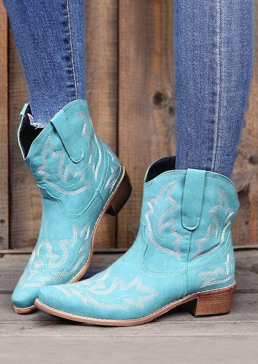 

Embroidered Pointed Toe Boots - Cyan, Blue, SCM018537