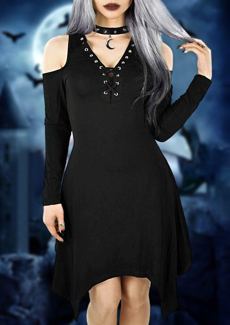 

Gothic Lace Up Cold Shoulder Mini Dress - Black, SCM018749